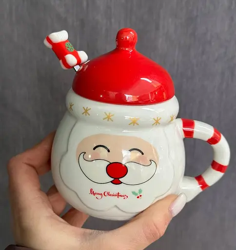 Новогодняя кружка Olens 102-1062 Кенди-Санта с крышкой и ложкой керамика 400 мл Красная - фото 5