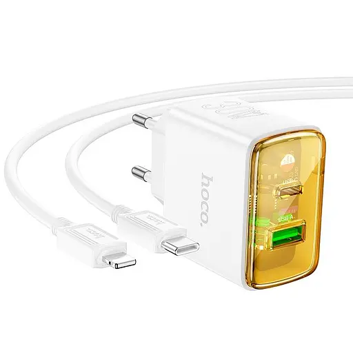 Зарядний пристрій Hoco CS42a 30W адаптер живлення на 2 виходи + кабель Usb-C Lightning білий - фото 1