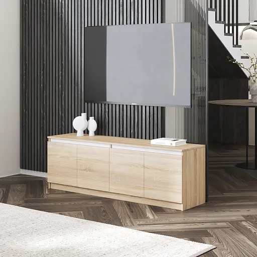 Тумба під телевізор Vays у вітальню, сучасна з полицями, без ручок R-31 Дуб Сонома-Білі планки