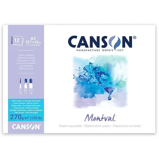 Склейка для акварели MONTVAL А3 270г/м2 12л натуральный крупный белый зерно Canson