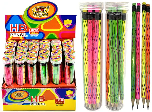 Карандаш чернографитовый Неон, HB, треугольный корпус, с ластиком, 12 шт., HW-1678 - фото 2