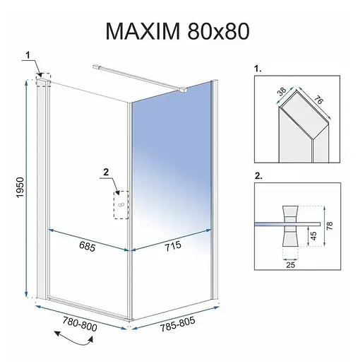 Душова кабіна Rea Maxim 80x80 R REA-K0268, Хром, Права, прозорий - фото 7