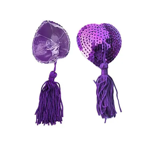 Наклейки на соски с пайетками и кисточками Hearts фиолетовые One Size - фото 1