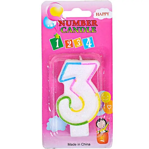 Свічка-цифра кольорова з блискітками 3, 10-112
