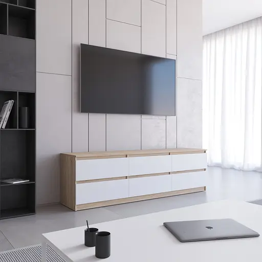 Тумба під телевізор Vays R-12 Дуб Сонома-Білий фасад, 6 шухляд без ручок, ЛДСП, 180×40×53 см