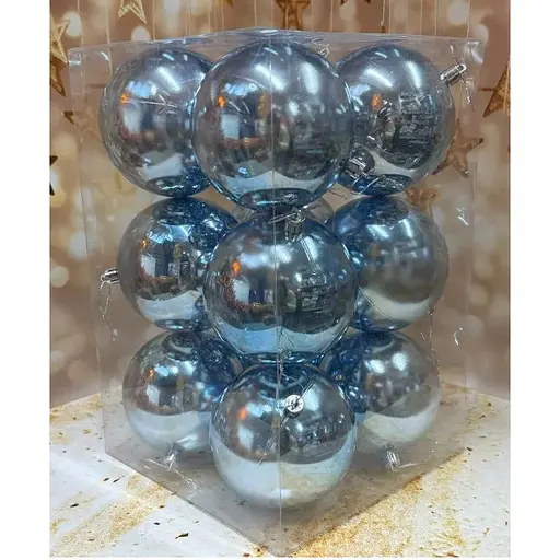 Набір ялинкових іграшок пластикових круглих 12 шт 10 см Блакитний - фото 1