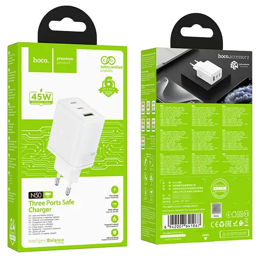 Мережевий зарядний пристрій Hoco N50 USB/2 Type-C PD 45W білий - фото 5