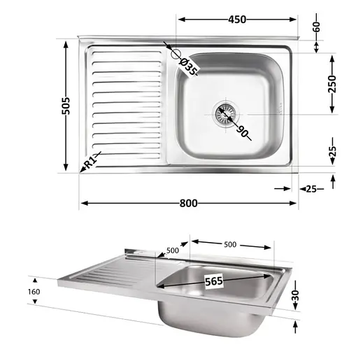 Кухонная мойка Brinex 5080-R 0.6 мм, накладная BRIN5080RSAT06 - фото 7