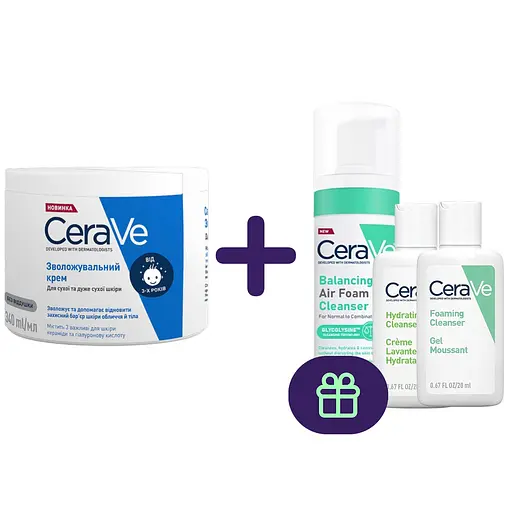 Зволожуючий крем CeraVe для сухої та дуже сухої шкіри обличчя та тіла, 340 мл + набір засобів для очищення - фото 1