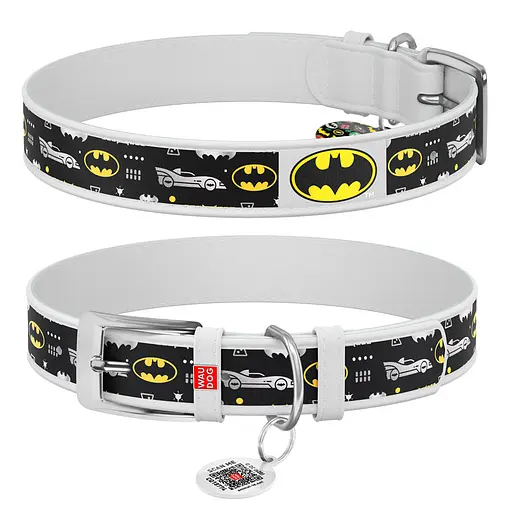 Ошейник для собак кожаный Waudog Design с QR-паспортом "Бэтмен3" XL Ш 35 мм Д 46-59 см белый