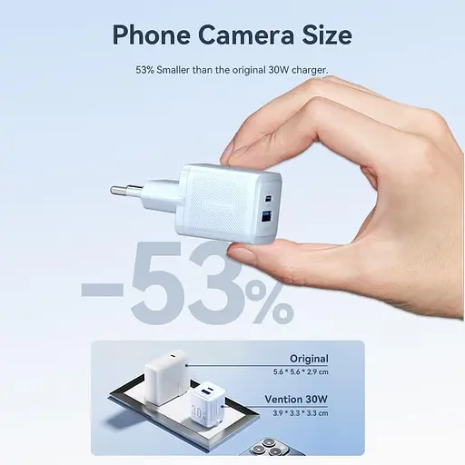 Мережевий зарядний пристрій Vention 2-Port USB (C + A) GaN Charger (30W/30W) EU-Plug чорний - фото 3