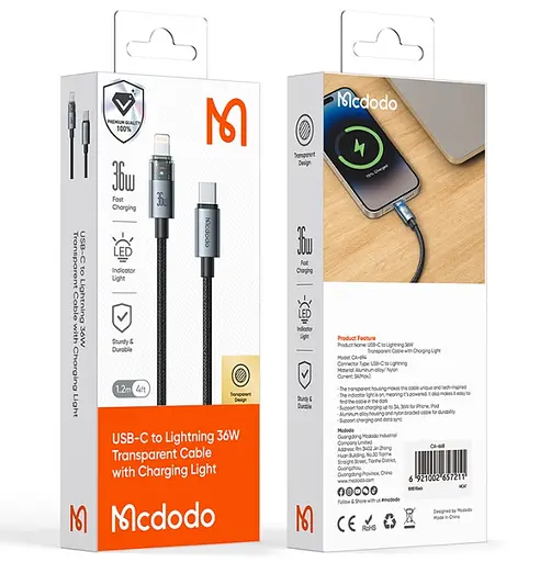 Кабель Mcdodo 36W USB-C to Lightning Transparent Cable with Charging Light 1.2 м CA-6940 Чорний - фото 2