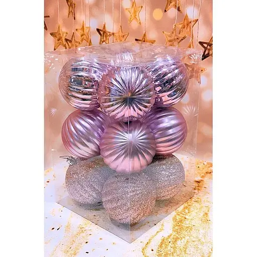 Набір ялинкових іграшок Рельєф пластикових круглих 12 шт 8 см Пудра - фото 1