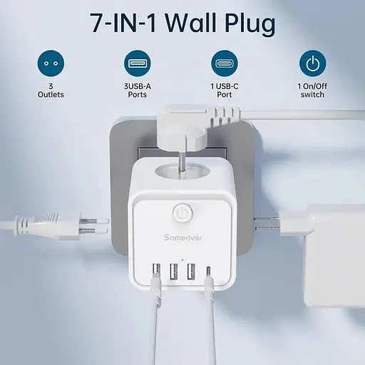Зарядний пристрій Sameriver 7-в-1 з USB-портом Cube, 3 розетки та 1 USB-порт типу A з 3 USB-портами типу C - фото 2