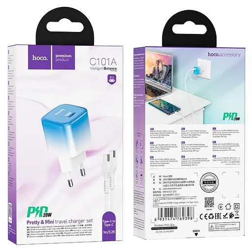 Сетевое зарядное устройство с кабелем Hoco C101A single port PD20W charger set(Type-C to Type-C) Ice голубой - фото 2