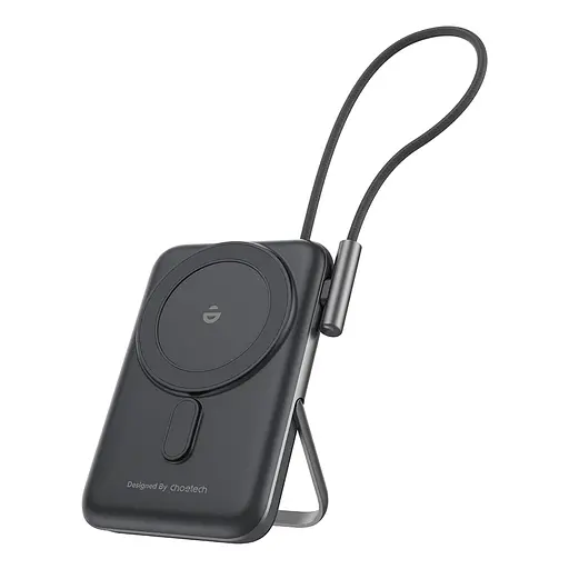 Повербанк 10000mAh Choetech B735 Black QC3.0 PD3.0 бездротова магнітна зарядка, вбудований кабель, підставка (43-00149) - фото 1