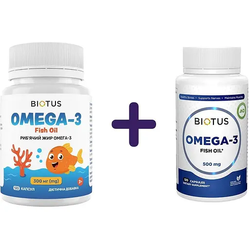 Набір: ОМЕГА-3 для дітей OMEGA-3 for Kids Biotus риб'ячий жир 300 мг 120 капсул + риб'ячий жир Biotus Omega-3 Fish Oil 120 капсул