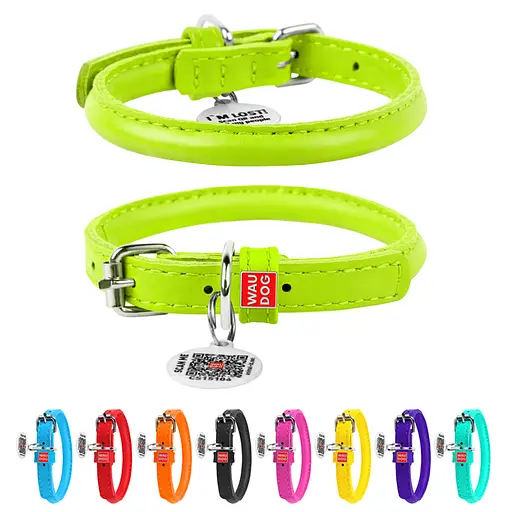 Ошейник для собак кожаный Waudog Glamour с QR-паспортом круглый Д 6 мм Д 17-20 см салатовый - фото 2