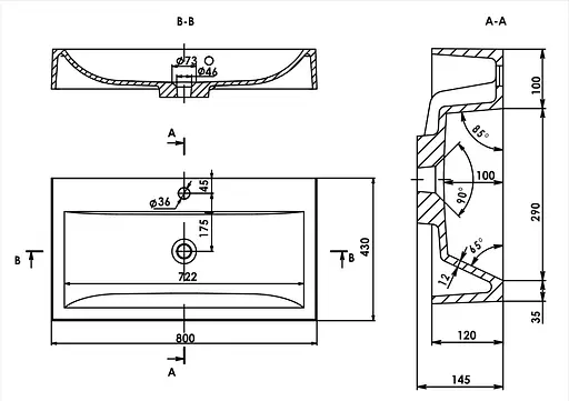 Раковина глянцева накладна Amidicon Laguna 80 800x430 з литого каменю LAGUNA_80_HL, Білий - фото 6