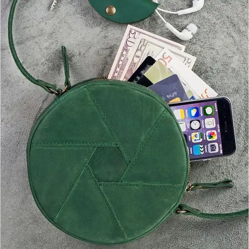 Шкіряна кругла жіноча сумка Бон-Бон зелена Crazy Horse - фото 6