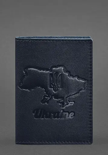 Кожаная обложка для паспорта с картой Украины синий краст - фото 1