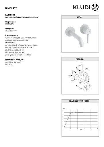 Смеситель для умывальника Kludi Bozz настенный белый 382445376 - фото 2