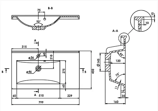 Раковина матова врізна Amidicon Techno 80 800x450 з литого каменю TECHNO_80_MAT, Білий матовий - фото 6