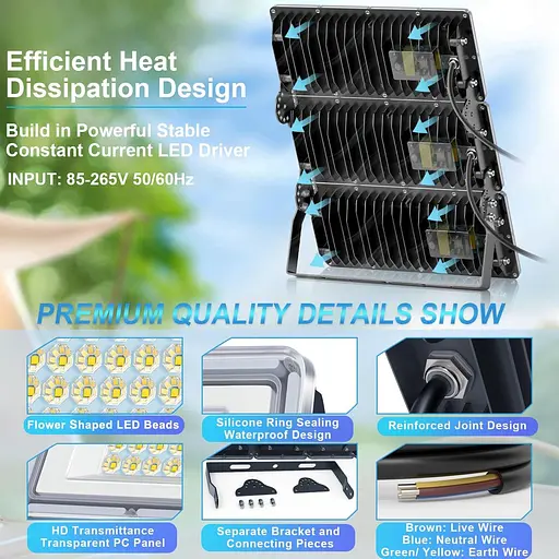 Уличный светодиодный прожектор TASINUO 100 Вт, 2 шт., 10000 лм, 7000 К, водонепроницаемый, IP67, 85-265 В, для сада, гаража - фото 3