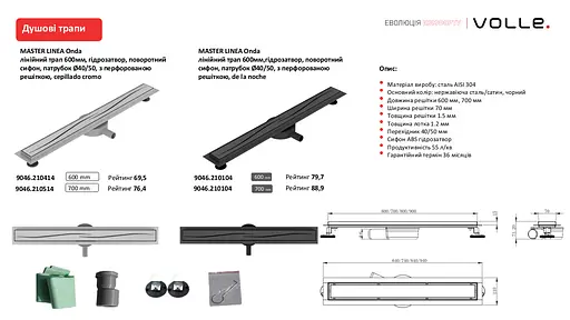 Трап лінійний Volle 700 мм з перфорованою решіткою cepillado cromo Master Linea 9046.210514 - фото 3