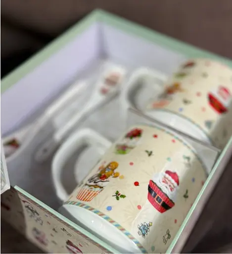 Чайный набор R36252 Домашнее Рождество керамика с ложками в подарочной коробке 280 мл Белая 2 чашки - фото 3