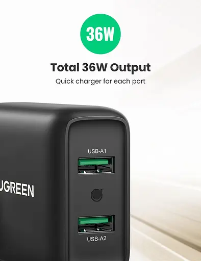Зарядний пристрій 2xUSB 36W USB A, QC 3.0 Fast Charger чорний CD161 Ugreen - фото 6