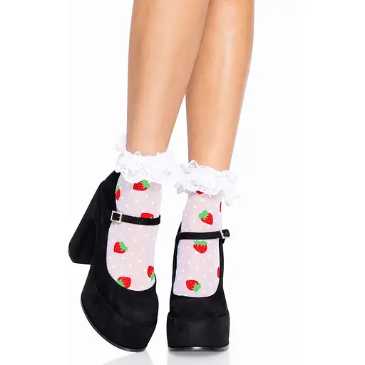 Шкарпетки жіночі з полуничним принтом Leg Avenue Strawberry ruffle top anklets One Size, мереживні м - фото 2