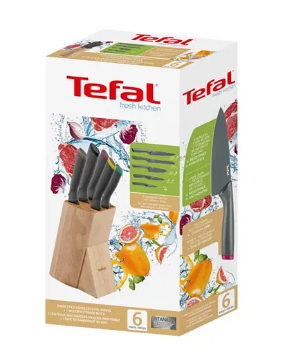 Tefal Набір ножів Fresh Kitchen, дерев'яна колода, 5шт, нержавіюча сталь, пластик, дерево, чорний - фото 9