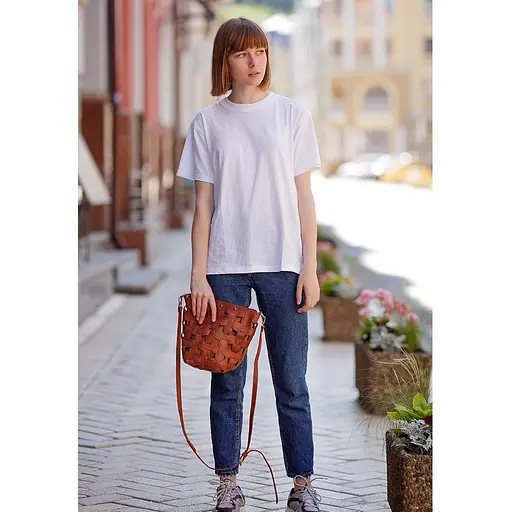 Шкіряна плетена жіноча сумка Пазл M світло-коричнева Crazy Horse - фото 6