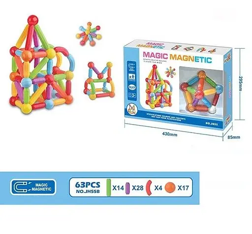 Конструктор магнітний, JH55B, 63 деталі, 43x8.5x29.5 см