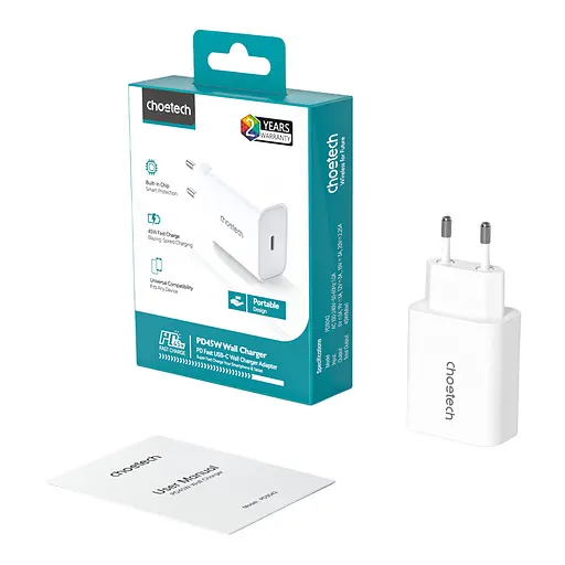 Сетевое зарядное устройство Choetech PD3042 mini PD45W USB-C White (43-00156) - фото 3