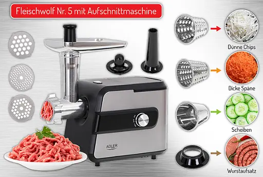 Мясорубка №5 с слайсером + насадка на колбасу и кеббе Adler AD 4813 - фото 10