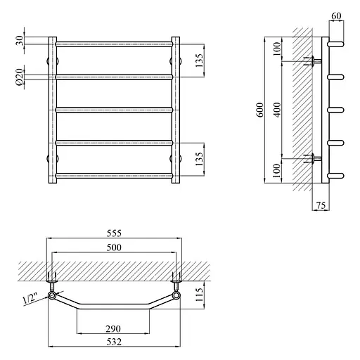 Полотенцесушитель водяной Kroner KRP Diva WT600x500-5 (CV036303) - фото 5