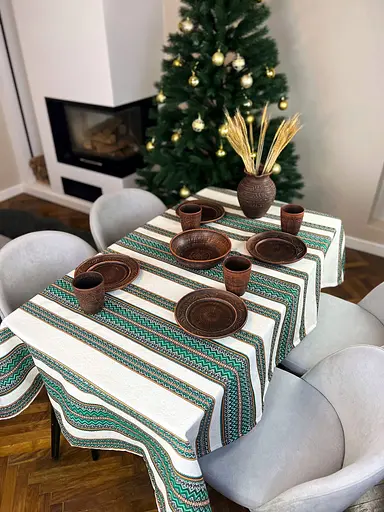 Лляна скатертина різдвяна з українським орнаментом "Рандеву зелений" - 400х150 см - фото 6