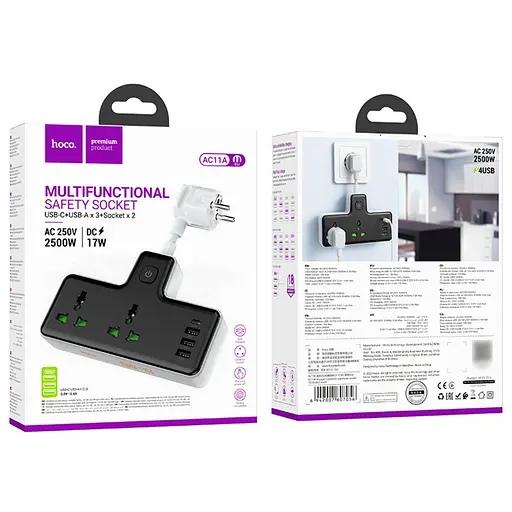 Сетевое зарядное устройство удлинитель Hoco AC11A 3 USB/ Type-C 2 розетки черное - фото 5