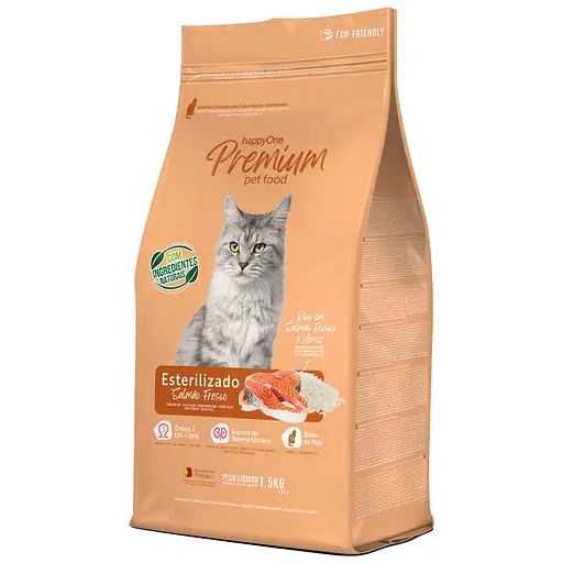 Сухой корм happyOne Premium Sterilized Fresh Salmon для стерилизованных кошек со свежим лососем 1,5кг