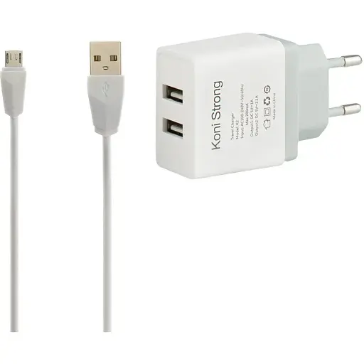 Блок Адаптер живлення Koni STRONG K2 + micro cable 2 USB 2.1A набір білий - фото 1