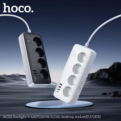 Мережевий удлинитель HOCO AC22 Sunlight 4-bit(PD30W1C3A) desktop socket(EUGER) (1.5m) Black - фото 6