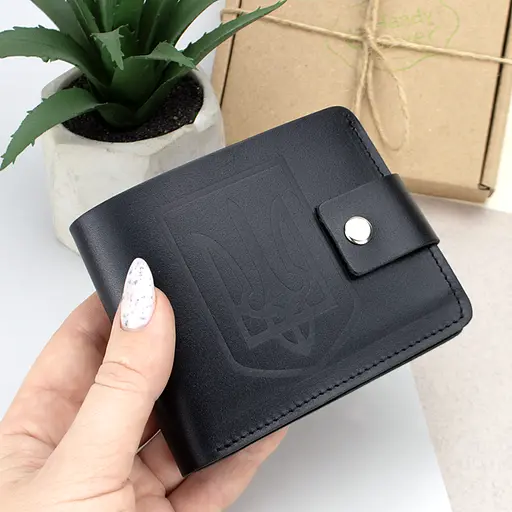 Кожаный кошелек мужской HC-0043-2 черный глянцевый с гербом Украины на кнопке - фото 4