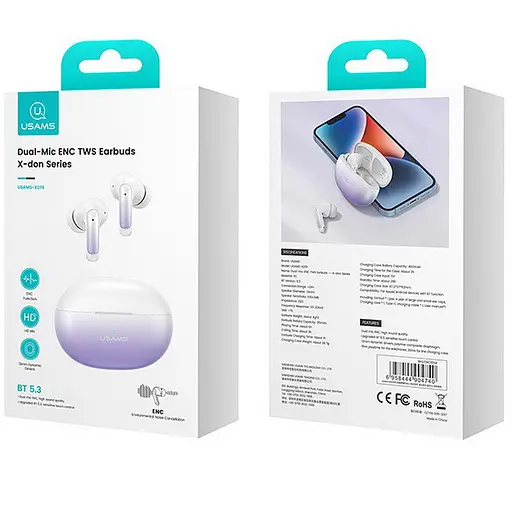 Бездротові TWS навушники Usams-XD19 X-don Series ENC BT 5.3 Gradient Purple - фото 3