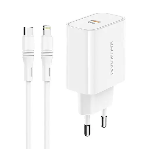 Зарядный - Адаптер сетевой BOROFONE Type-C to Lightning cable Easy Speed ​​single port charger BA57A набор белый - фото 2
