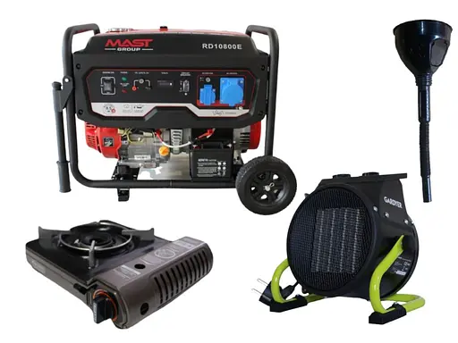 Бензиновий генератор MAST GROUP + газова плитка Orcamp CK-505 + електричний обігрівач Gardyer HE2000 та лійка (KRD10800E) - фото 1