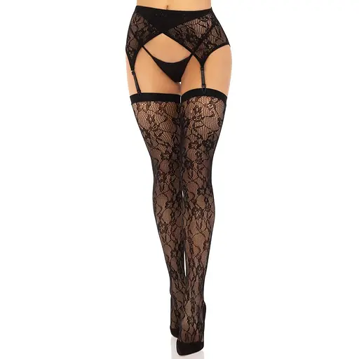Панчохи Leg Avenue Leg Avenue Lace thigh highs & garterbelt Black One Size - фото 2