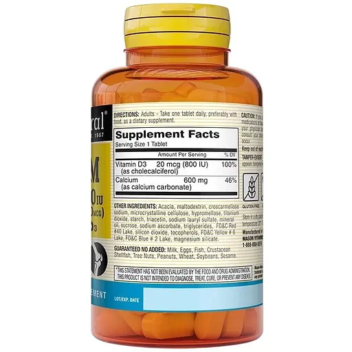 Кальцій та Вітамін D3 Mason Natural Calcium 600 мг з Vitamin D3 800 IU 800 МО 100 таблеток - фото 2