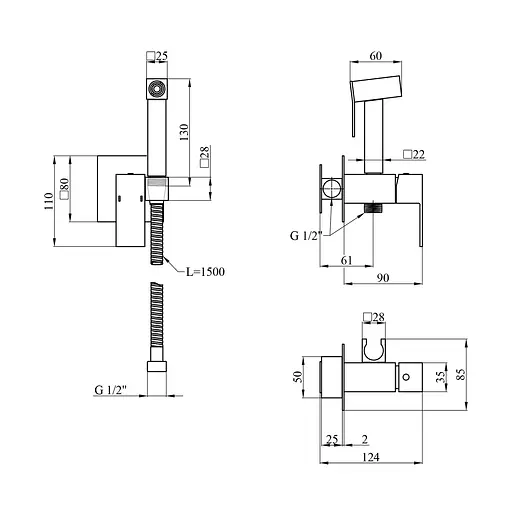 Набір гігієнічного душу прихованого монтажу Kroner KRP Edelstahl Kubus - SCH053 CV029969, Чорний матовий - фото 2